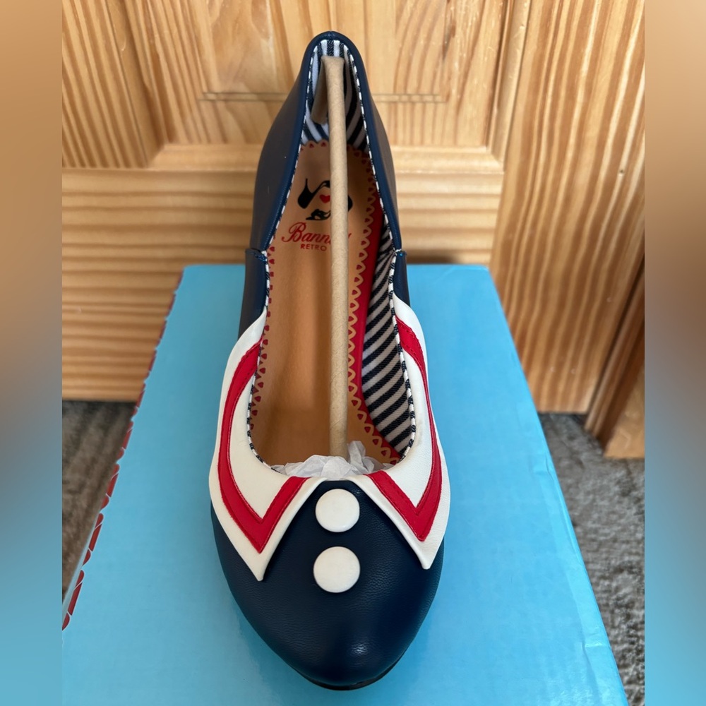 Banned Retro Navy Blue Red and White Nautical Vintage Pump 4th of July Heels 38